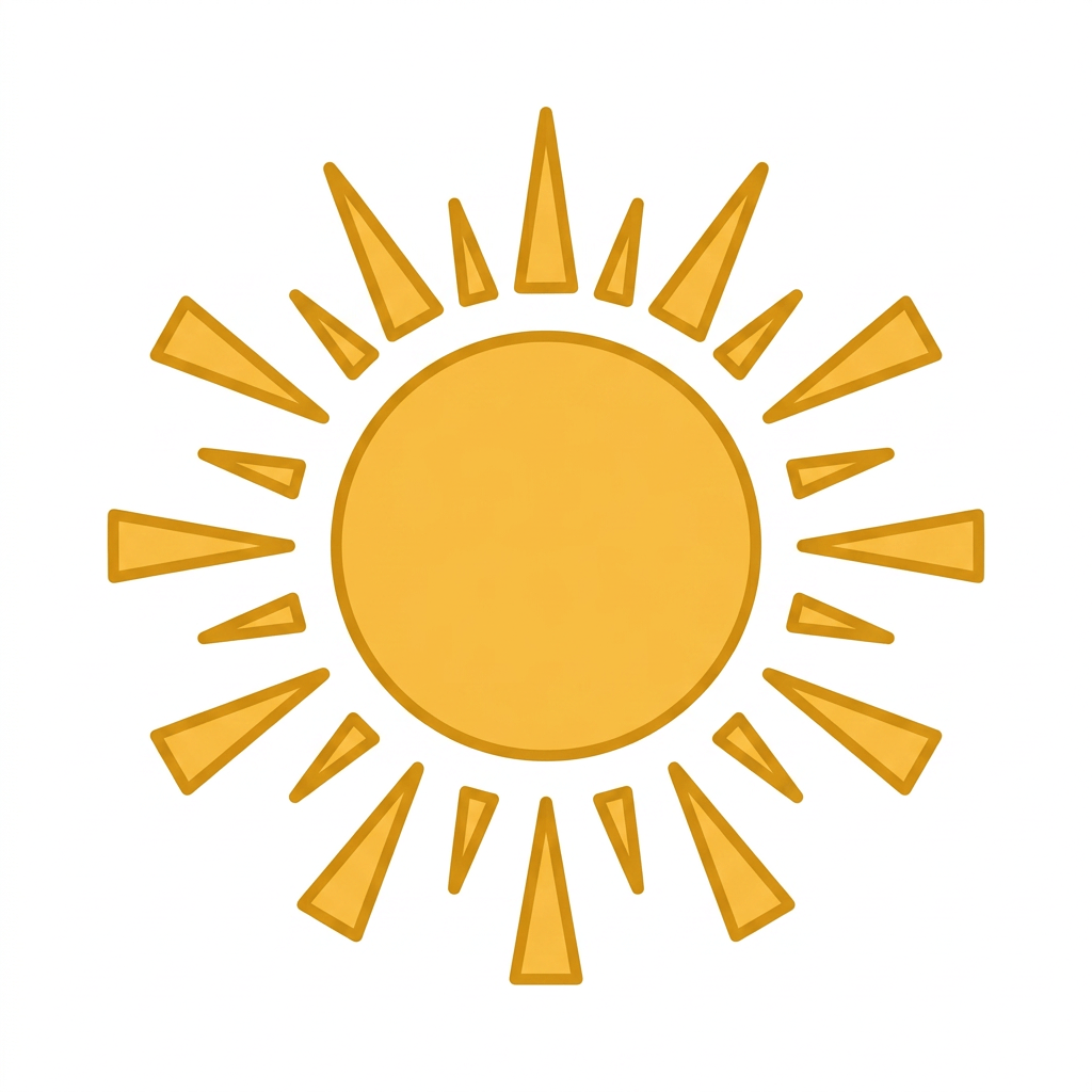 Orange circular sun with symmetrical triangular rays radiating outward